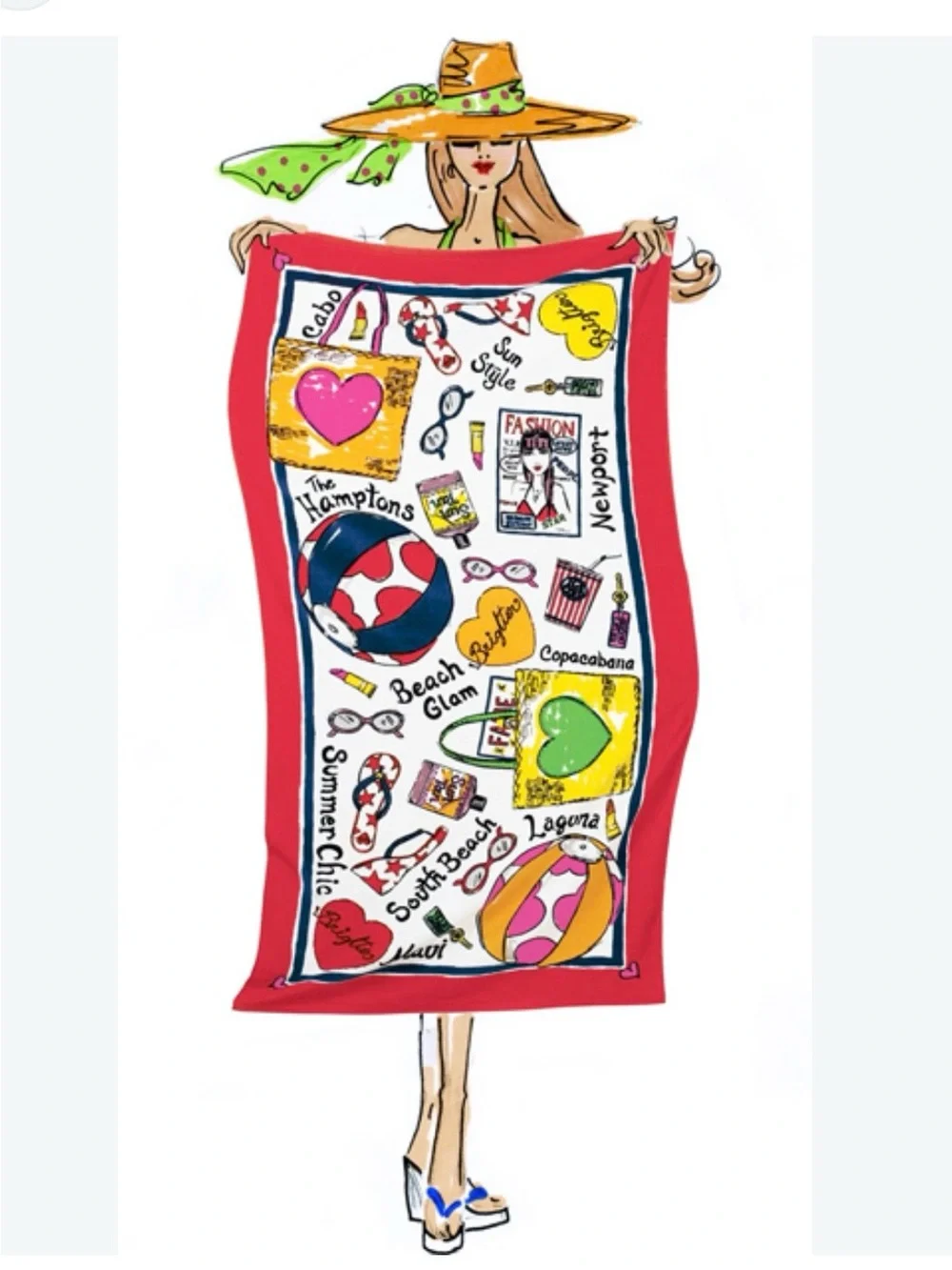 Brighton Multicolor Beach Towel with Red Border and Pink, Yellow & Green Accents